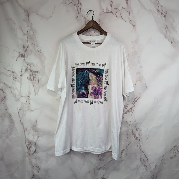 Vintage T Shirt Women 3X White 90s Zebra Leopard Tiger Animal Floral Lily Crew - Picture 1 of 11